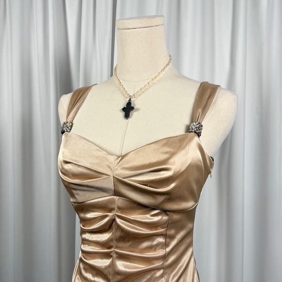 Satin Ruched Bodycon Mini Dress Rhinestone Straps Size 7 - Picture 2 of 6